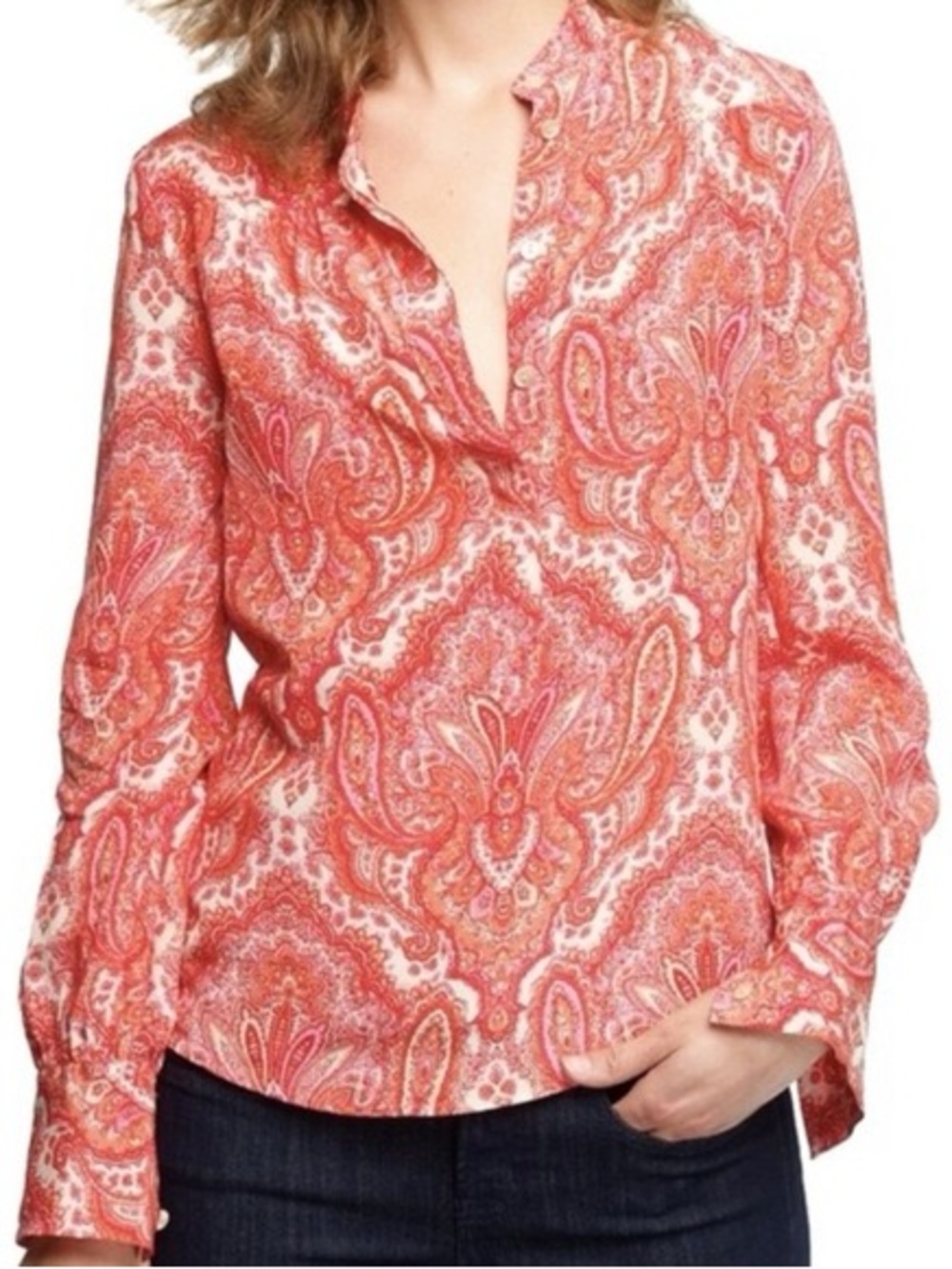 J. Crew Red Paisley 100% Silk Split-Neck Blouse